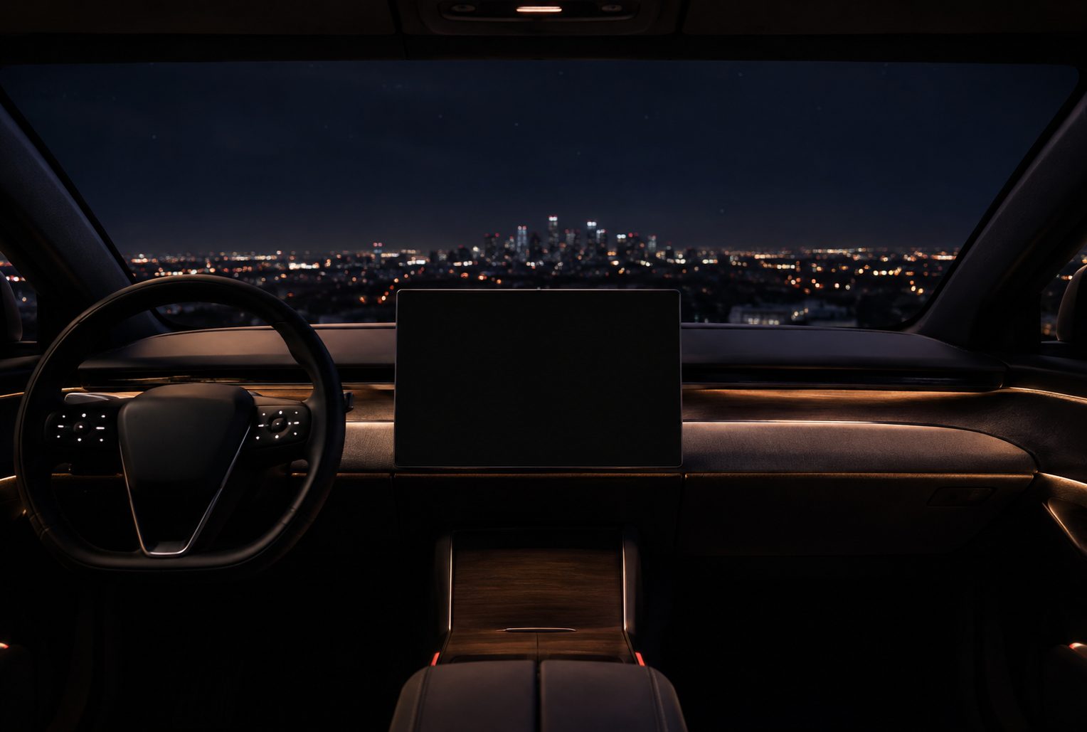 Inside the Model 3 at night, Los Angeles skyline through the windshield